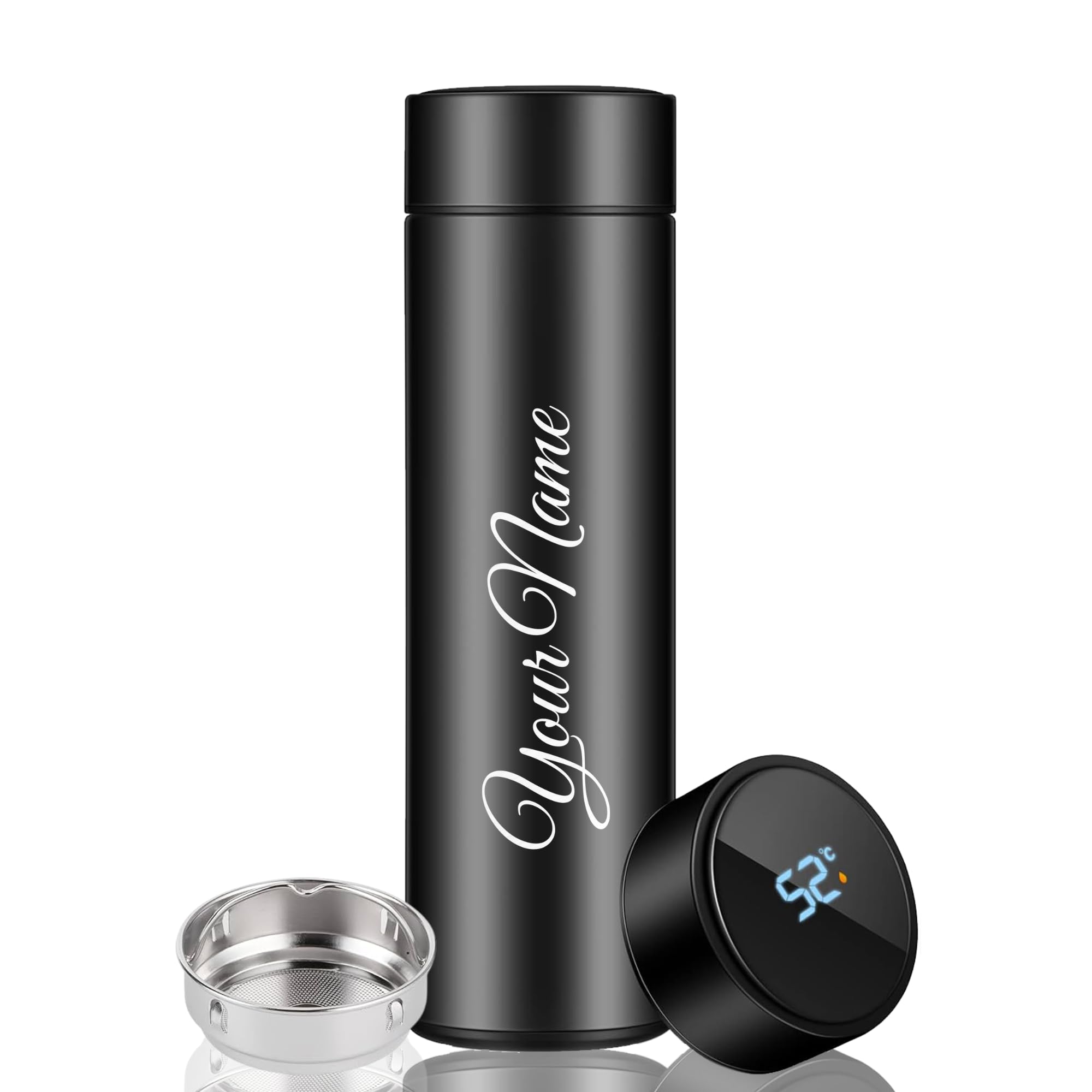 jpwels Your Name Printed Stainless Steel Vacuum Insulated Bottle With Tea Filter | 500 ML | Easy to Carry | Leakproof Personalized Gift Flask | Permanent Printing (Black)